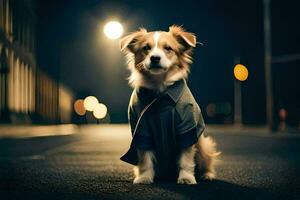 a dog wearing a jacket sitting on the street at night. AI-Generated photo