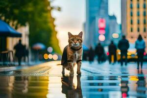 a cat walking on a wet street in the city. AI-Generated photo