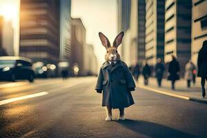 a rabbit wearing a coat and tie standing in the middle of a city street. AI-Generated photo