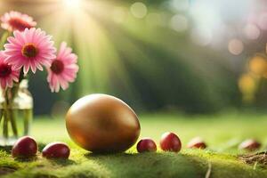 the golden egg and flowers are on the grass. AI-Generated photo