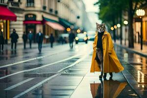 a fox in a yellow coat standing on a wet street. AI-Generated photo