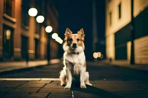 a dog sitting on the street at night. AI-Generated photo