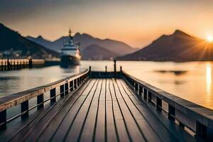 a wooden dock with a boat in the water at sunset. AI-Generated photo