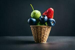 fresh fruit in a waffle cone on a dark background. AI-Generated photo