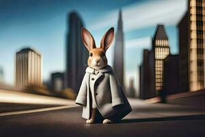 a rabbit in a coat and tie standing on a city street. AI-Generated photo