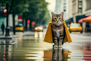 a cat walking in the rain with a yellow raincoat. AI-Generated photo