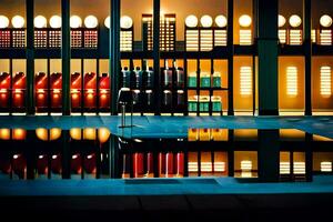 a pool with bottles of wine in it at night. AI-Generated photo