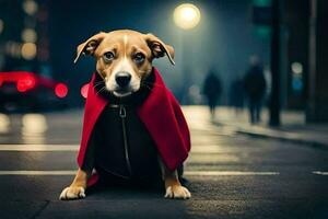 a dog dressed in a red cape sitting on the street. AI-Generated photo