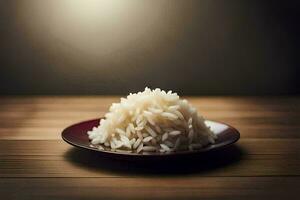 un plato de blanco arroz en un de madera mesa. generado por ai foto