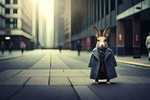 a rabbit in a suit stands in the middle of a city street. AI-Generated photo