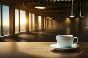 un taza de café en un mesa en frente de un ventana. generado por ai foto