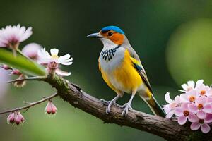 a colorful bird sits on a branch with pink flowers. AI-Generated photo