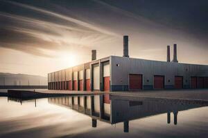 a warehouse with a large building reflecting in the water. AI-Generated photo