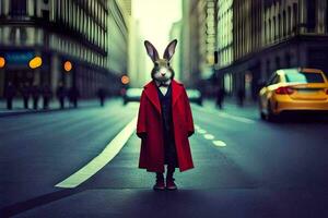 a rabbit wearing a red coat and tie standing on the street. AI-Generated photo