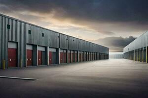 a large warehouse with two doors and a sky. AI-Generated photo