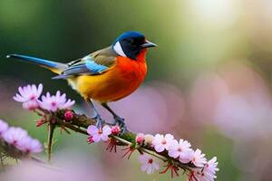 a colorful bird sits on a branch with pink flowers. AI-Generated photo