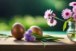 easter eggs and flowers in a vase. AI-Generated photo