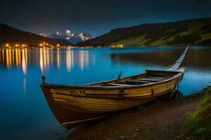 un barco se sienta en el apuntalar de un lago a noche. generado por ai foto