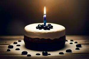 a birthday cake with a single candle on top. AI-Generated photo