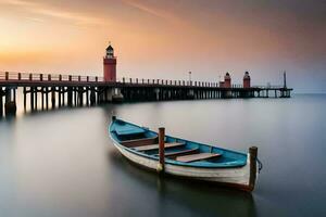 a boat sits on the water near a pier. AI-Generated photo