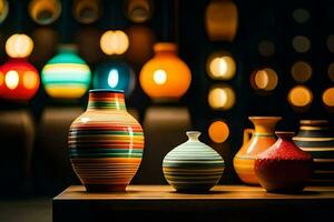 colorful vases on a table in front of a wall. AI-Generated photo