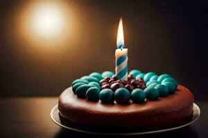 a birthday cake with a single candle. AI-Generated photo