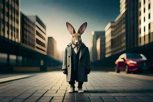 a rabbit in a coat and tie standing in the middle of a city street. AI-Generated photo