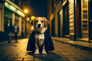 a dog in a coat standing on a street at night. AI-Generated photo