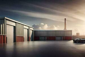 the porsche 911 sports car is parked in front of a warehouse. AI-Generated photo