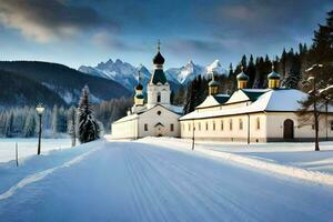 a church in the snow with mountains in the background. AI-Generated photo