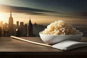 a bowl of rice with chopsticks and a cityscape in the background. AI-Generated photo