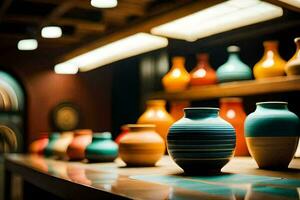 colorful vases are lined up on a table. AI-Generated photo