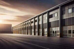 a large warehouse building with a sun setting behind it. AI-Generated photo