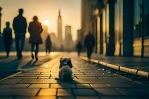 a dog sitting on the sidewalk in front of people. AI-Generated photo