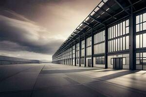 a large warehouse with lots of windows and a cloudy sky. AI-Generated photo