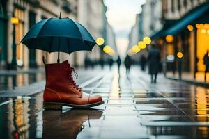 un rojo bota con un paraguas en un lluvioso calle. generado por ai foto
