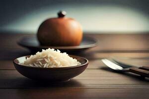 a bowl of rice sits on a table next to a fork and knife. AI-Generated photo