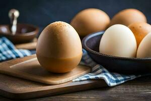 brown eggs in a bowl on a wooden table. AI-Generated photo