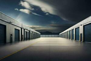 a long empty warehouse with dark clouds in the sky. AI-Generated photo