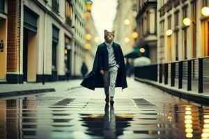 un hombre en un Saco caminando abajo un calle. generado por ai foto