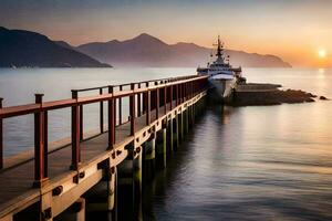 a boat docked at the end of a pier at sunset. AI-Generated photo