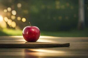 un manzana se sienta en un de madera mesa en frente de un verde antecedentes. generado por ai foto