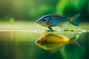 a fish is standing on the water with its reflection. AI-Generated photo
