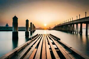 un largo exposición foto de un muelle a puesta de sol. generado por ai