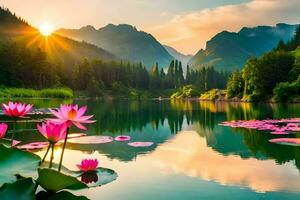 the sun is shining on the water lilys and the mountains in the background. AI-Generated photo