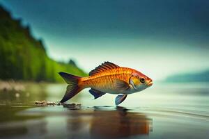 a fish is standing on the shore of a lake. AI-Generated photo