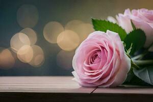 rosado rosas en un de madera mesa con bokeh luces. generado por ai foto