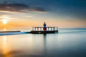 a lighthouse stands on the shore of the ocean. AI-Generated photo