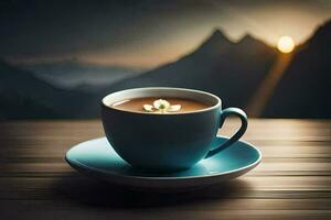 a cup of coffee with a flower in the background. AI-Generated photo