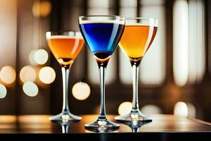 three glasses of different colored drinks on a table. AI-Generated photo